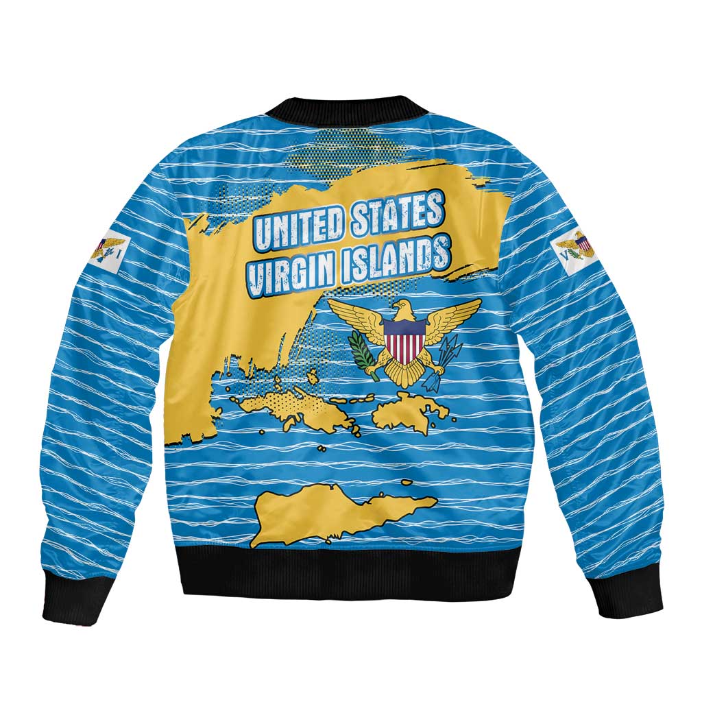 United States Virgin Islands Sleeve Zip Bomber Jacket with Blue Yellow Ocean Design and Eagle Map Pattern - Wonder Print Shop