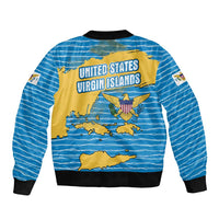 United States Virgin Islands Sleeve Zip Bomber Jacket with Blue Yellow Ocean Design and Eagle Map Pattern - Wonder Print Shop