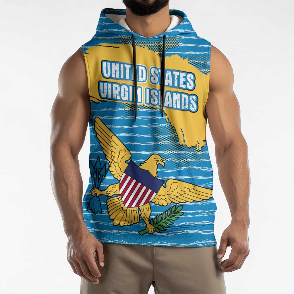 United States Virgin Islands Sleeveless Hoodie with Blue Yellow Ocean Design and Eagle Map Pattern - Wonder Print Shop
