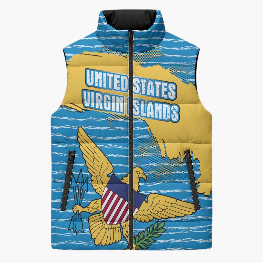 United States Virgin Islands Sleeveless Puffer Jacket with Blue Yellow Ocean Design and Eagle Map Pattern - Wonder Print Shop