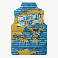 United States Virgin Islands Sleeveless Puffer Jacket with Blue Yellow Ocean Design and Eagle Map Pattern - Wonder Print Shop