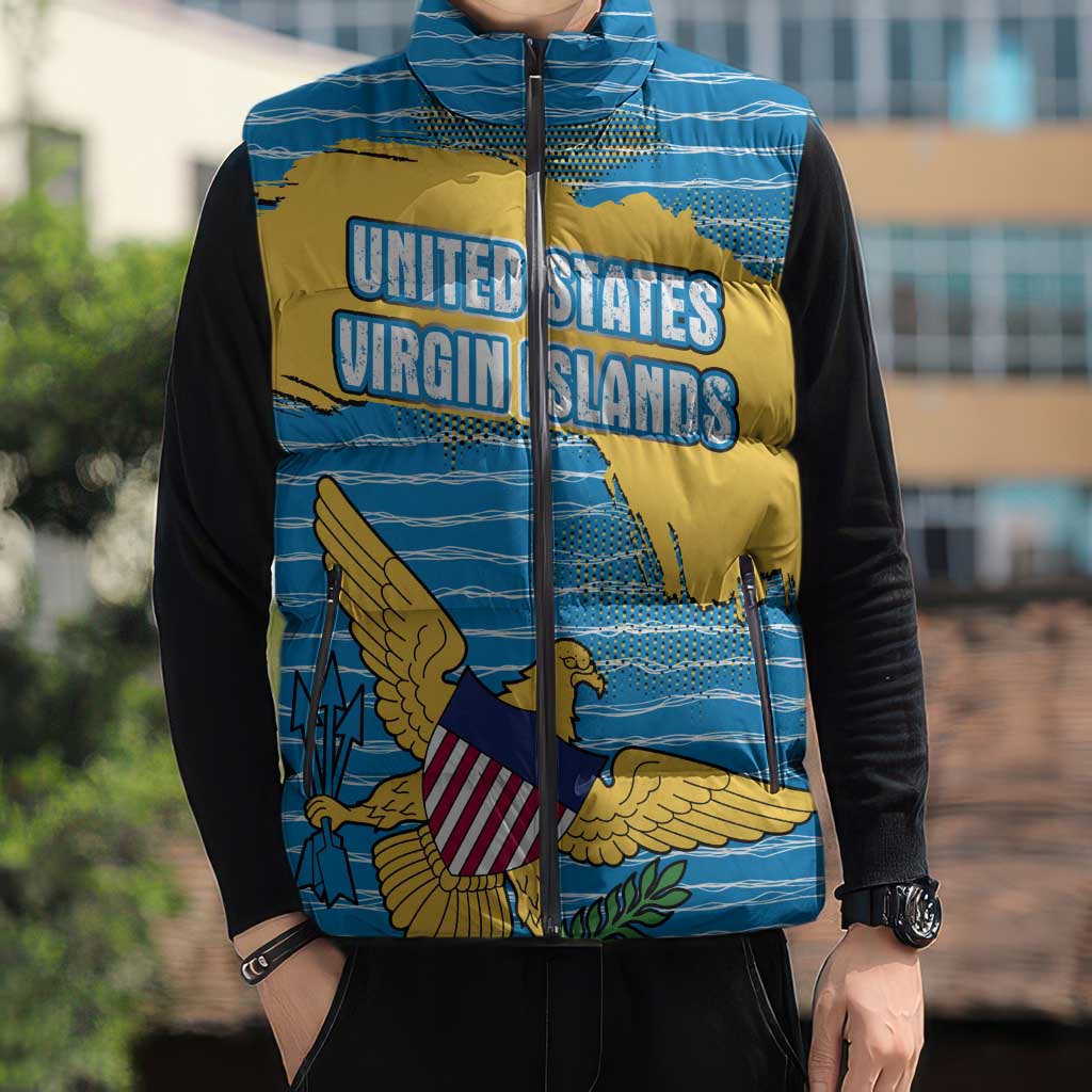 United States Virgin Islands Sleeveless Puffer Jacket with Blue Yellow Ocean Design and Eagle Map Pattern - Wonder Print Shop