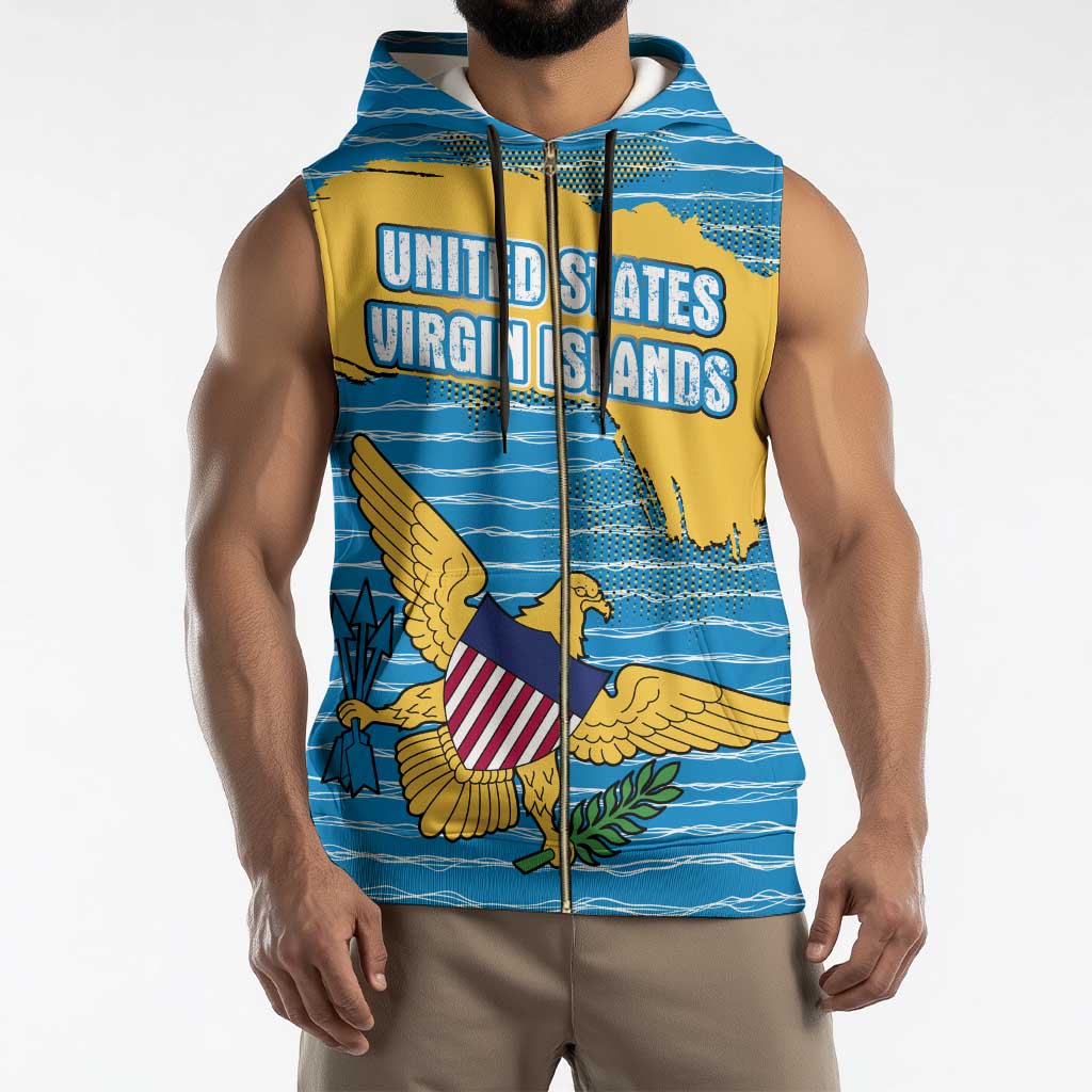 United States Virgin Islands Sleeveless Zip Hoodie with Blue Yellow Ocean Design and Eagle Map Pattern - Wonder Print Shop