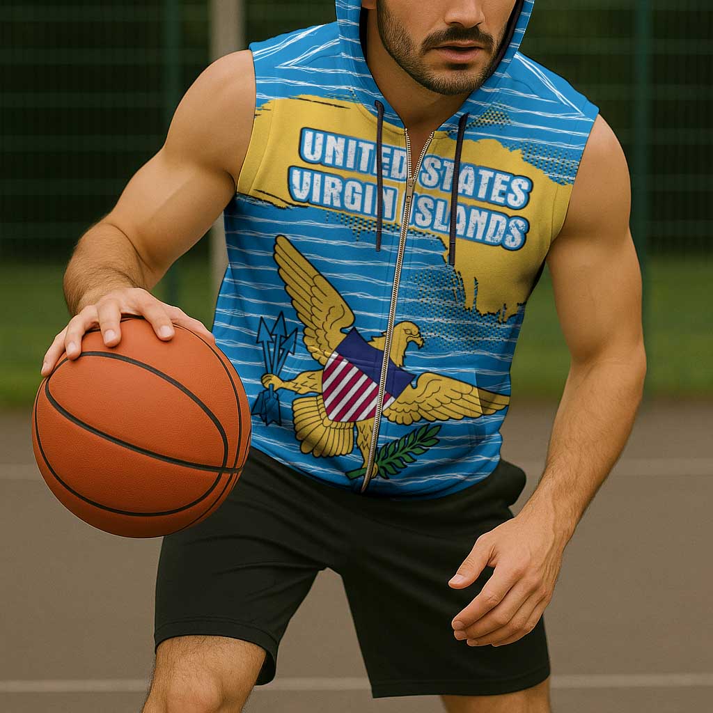 United States Virgin Islands Sleeveless Zip Hoodie with Blue Yellow Ocean Design and Eagle Map Pattern - Wonder Print Shop