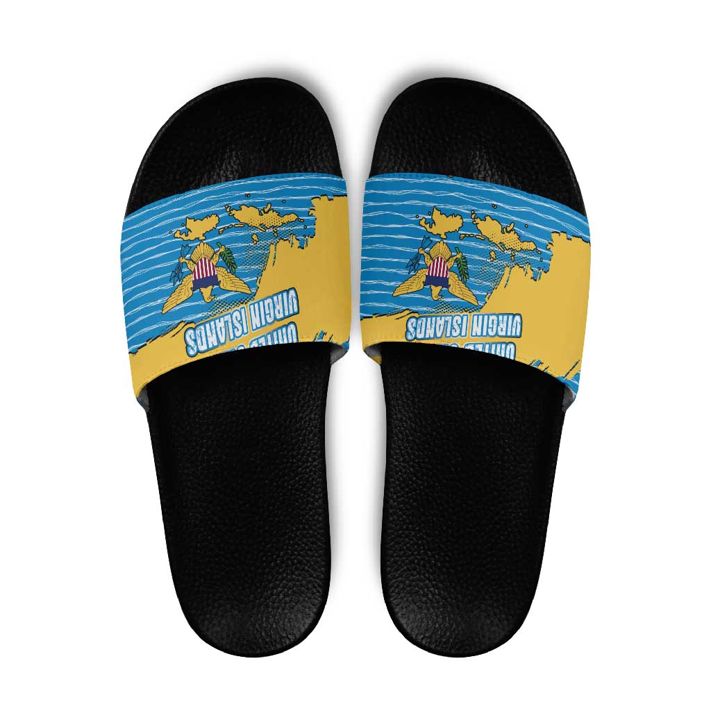 United States Virgin Islands Slide Sandals with Blue Yellow Ocean Design and Eagle Map Pattern - Wonder Print Shop