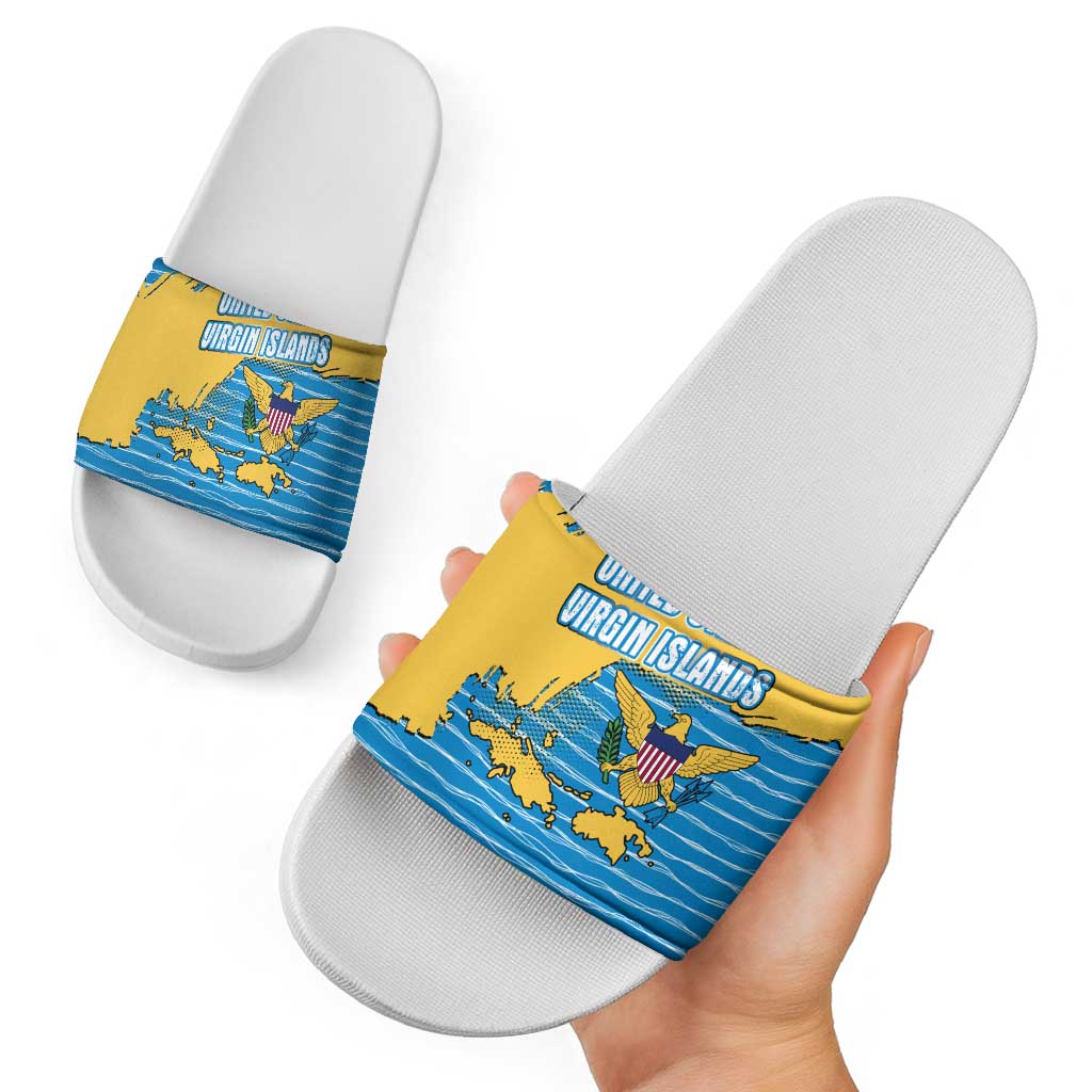 United States Virgin Islands Slide Sandals with Blue Yellow Ocean Design and Eagle Map Pattern - Wonder Print Shop