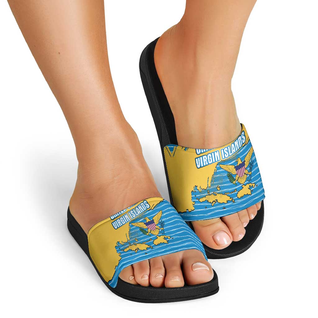 United States Virgin Islands Slide Sandals with Blue Yellow Ocean Design and Eagle Map Pattern - Wonder Print Shop