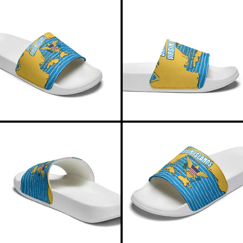 United States Virgin Islands Slide Sandals with Blue Yellow Ocean Design and Eagle Map Pattern - Wonder Print Shop