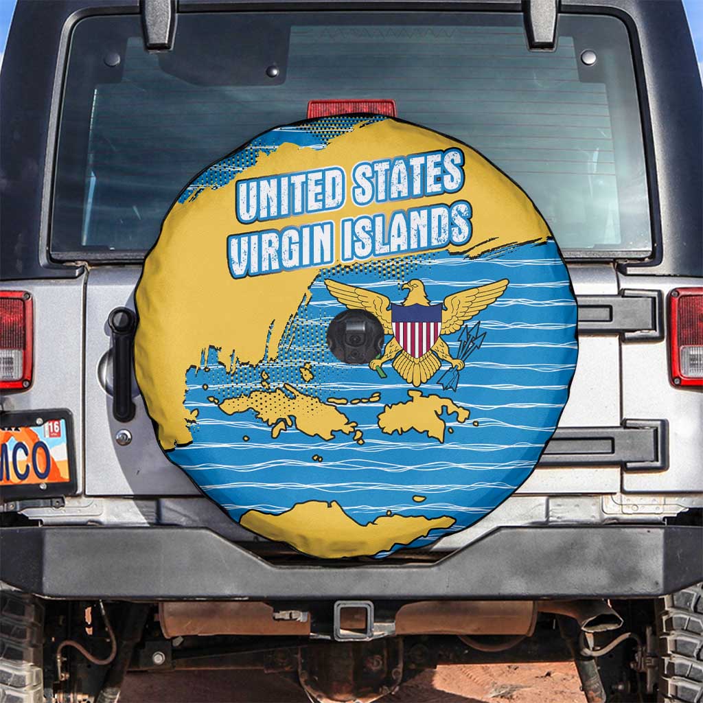 United States Virgin Islands Spare Tire Cover with Blue Yellow Ocean Design and Eagle Map Pattern - Wonder Print Shop