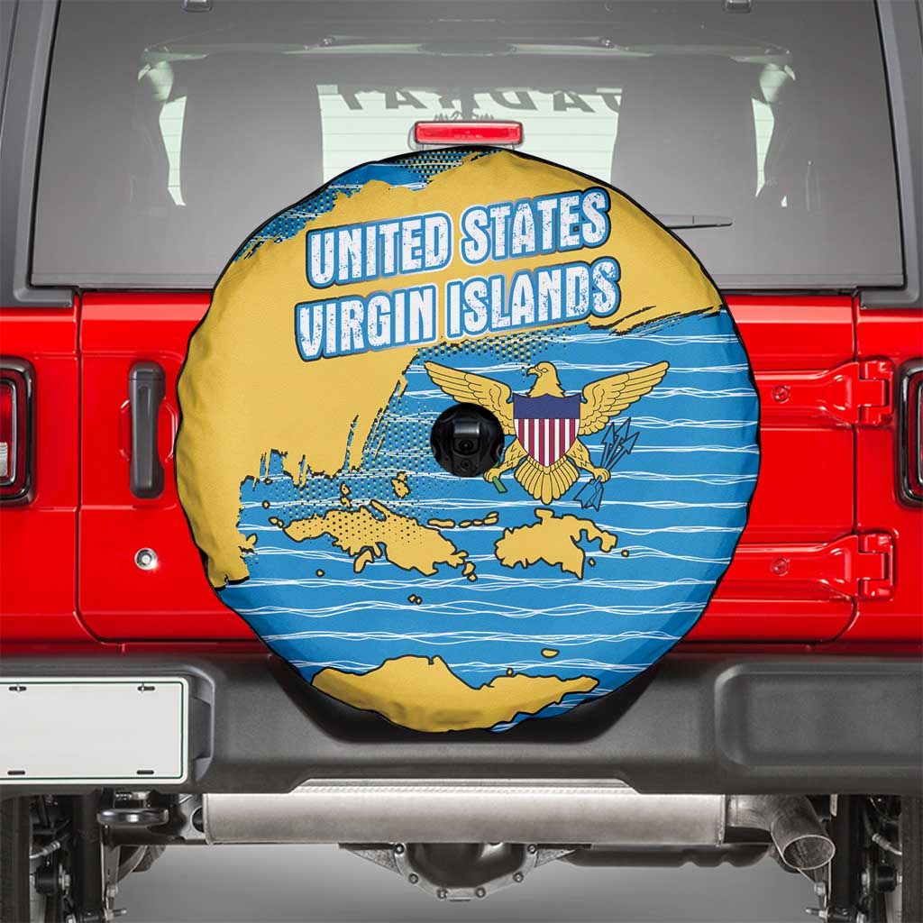 United States Virgin Islands Spare Tire Cover with Blue Yellow Ocean Design and Eagle Map Pattern - Wonder Print Shop