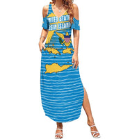 United States Virgin Islands Summer Maxi Dress with Blue Yellow Ocean Design and Eagle Map Pattern - Wonder Print Shop