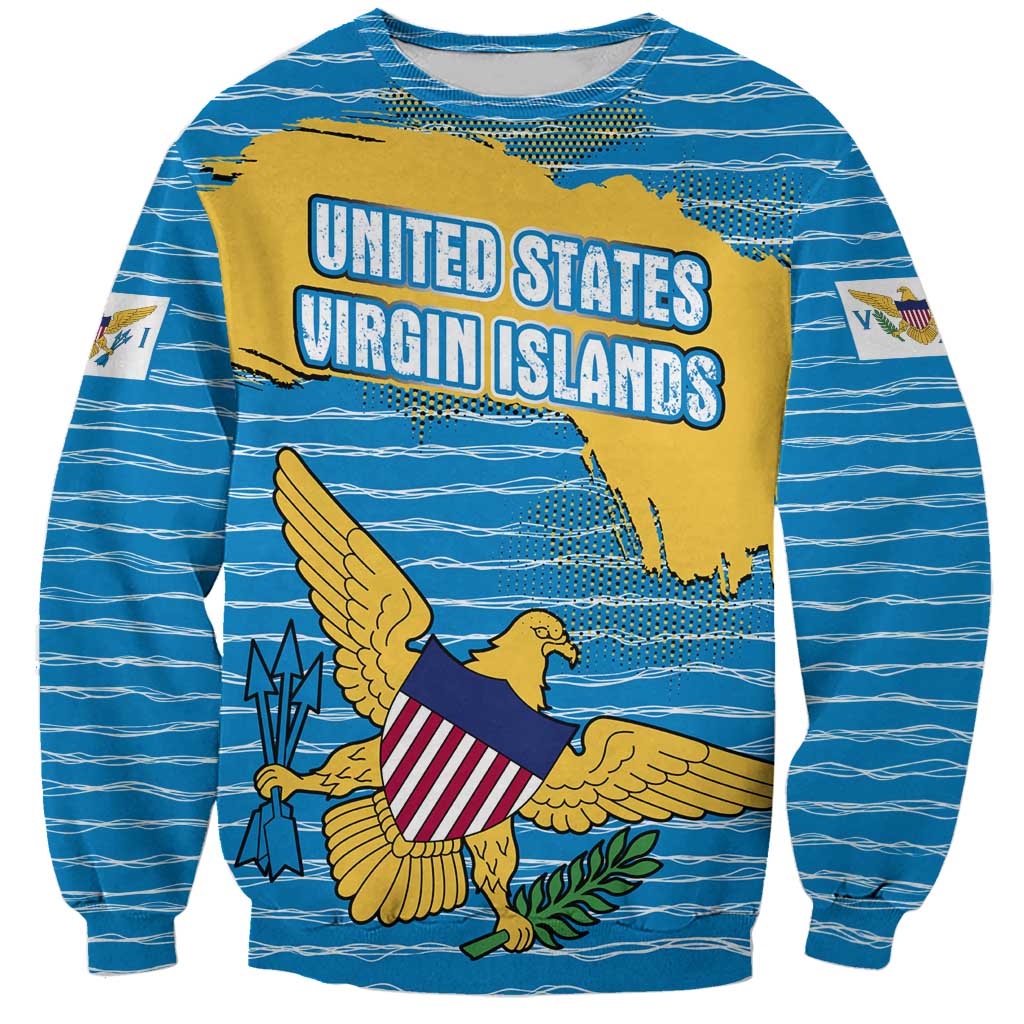 United States Virgin Islands Sweatshirt with Blue Yellow Ocean Design and Eagle Map Pattern - Wonder Print Shop