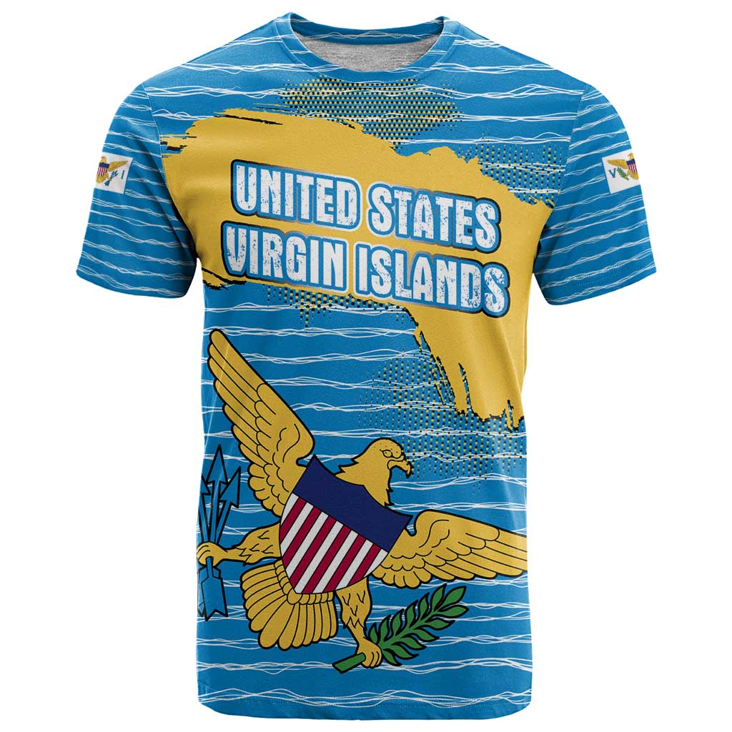 United States Virgin Islands T Shirt with Blue Yellow Ocean Design and Eagle Map Pattern - Wonder Print Shop