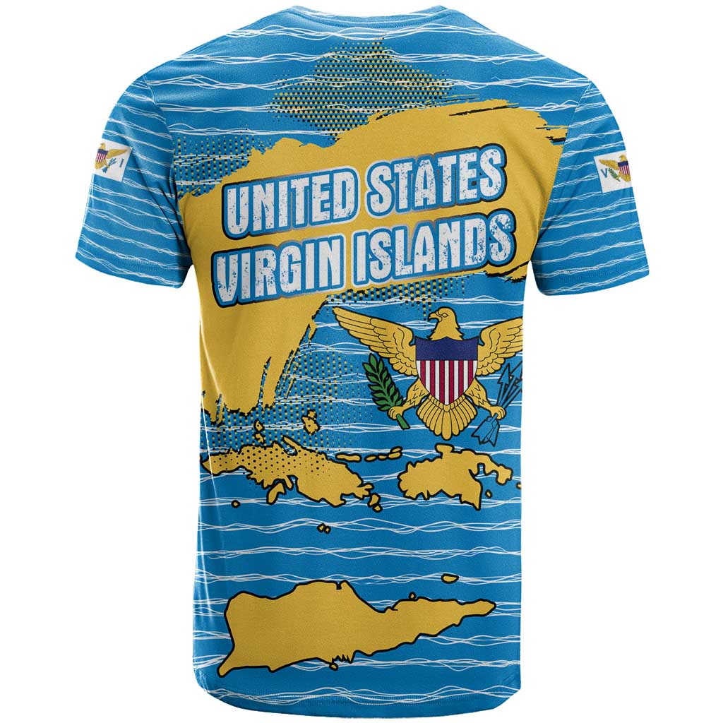United States Virgin Islands T Shirt with Blue Yellow Ocean Design and Eagle Map Pattern - Wonder Print Shop