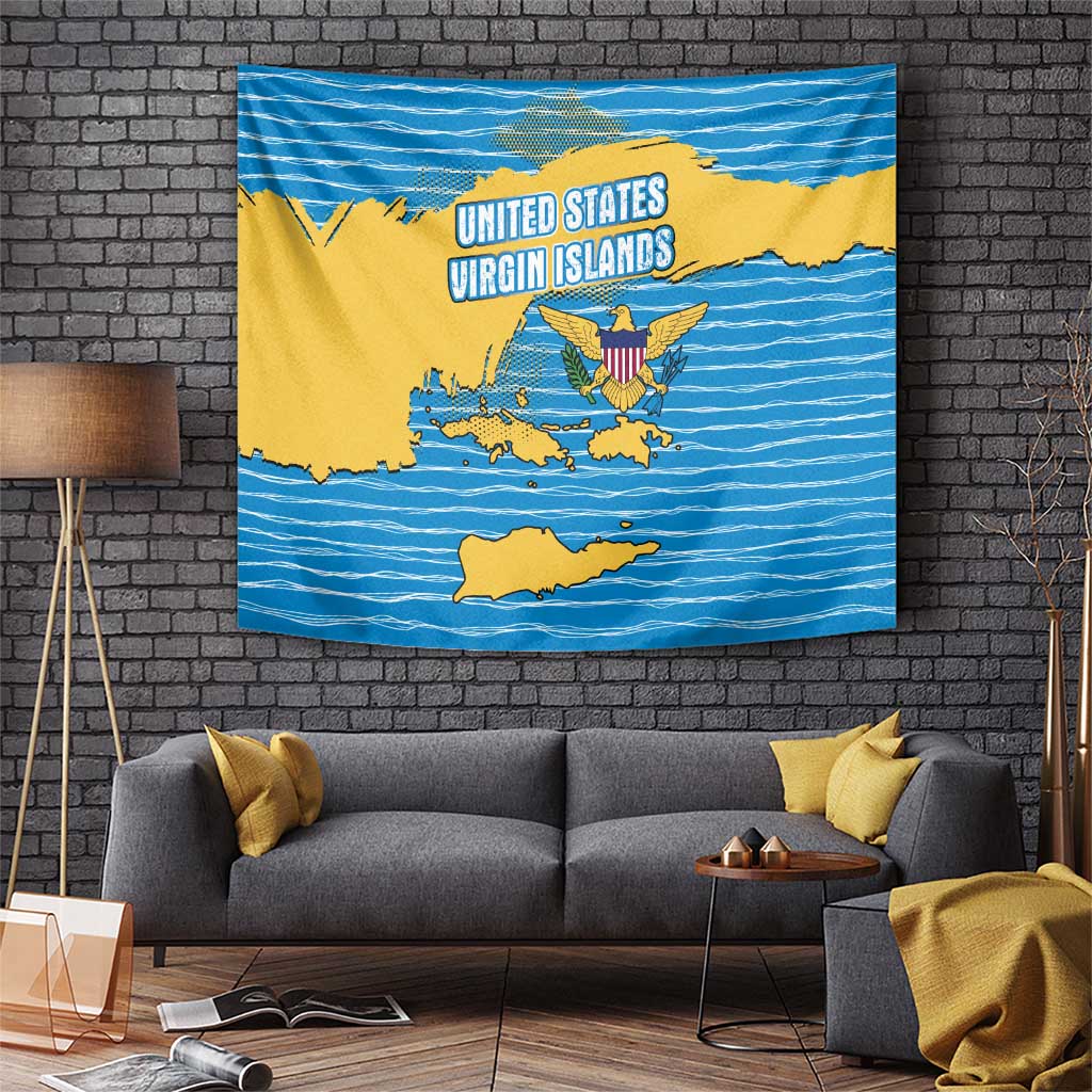 United States Virgin Islands Tapestry with Blue Yellow Ocean Design and Eagle Map Pattern - Wonder Print Shop