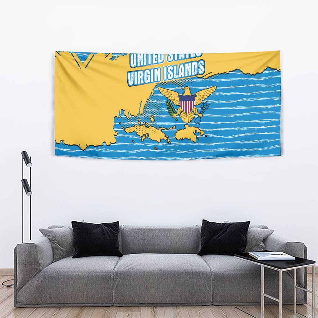 United States Virgin Islands Tapestry with Blue Yellow Ocean Design and Eagle Map Pattern - Wonder Print Shop