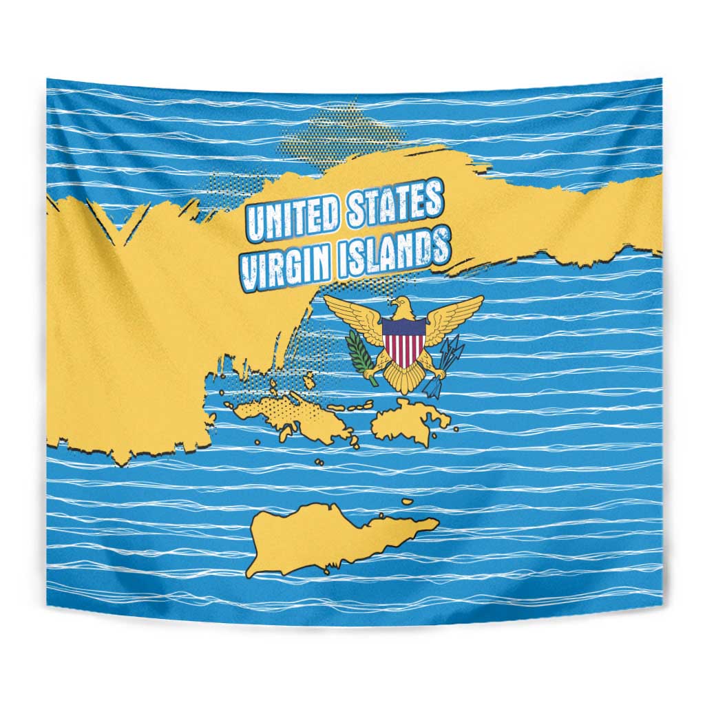 United States Virgin Islands Tapestry with Blue Yellow Ocean Design and Eagle Map Pattern - Wonder Print Shop
