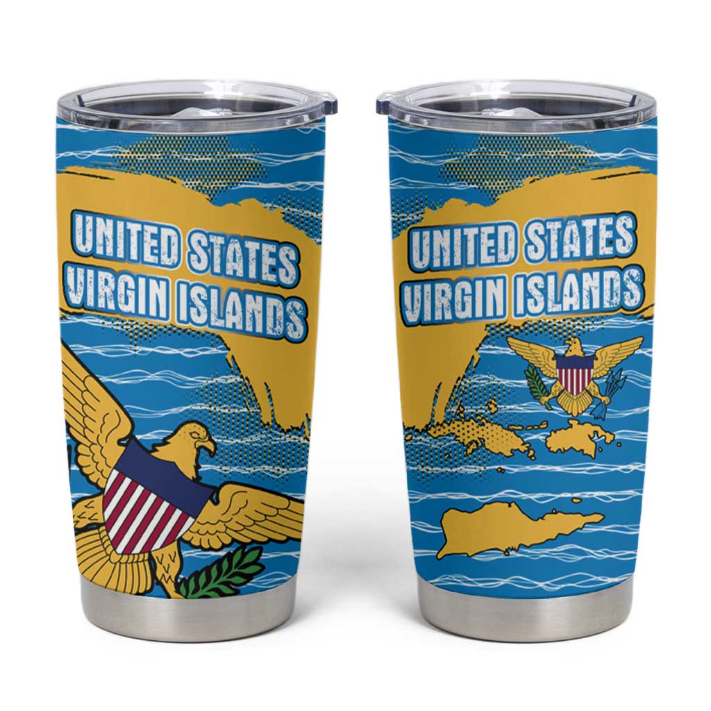 United States Virgin Islands Tumbler Cup with Blue Yellow Ocean Design and Eagle Map Pattern - Wonder Print Shop
