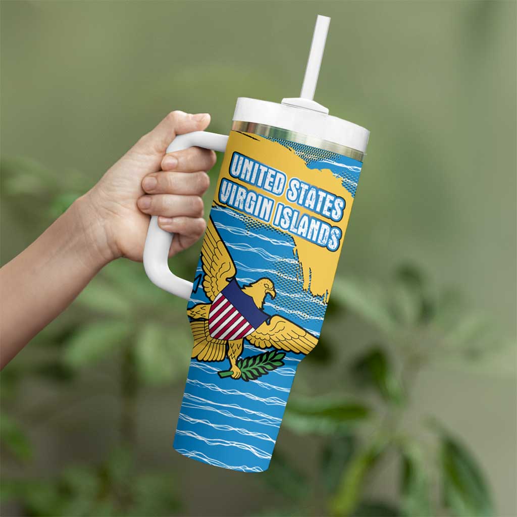 United States Virgin Islands Tumbler With Handle with Blue Yellow Ocean Design and Eagle Map Pattern - Wonder Print Shop