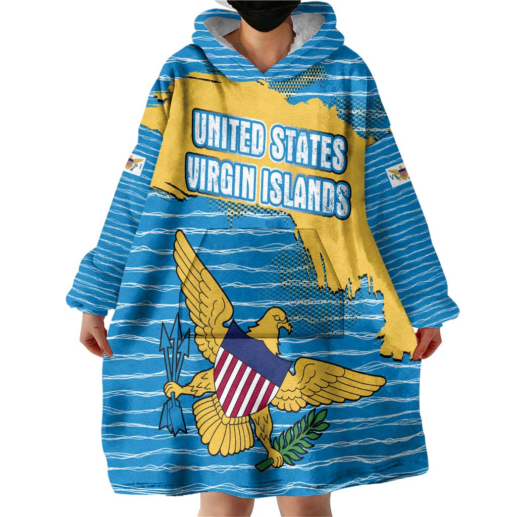 United States Virgin Islands Wearable Blanket Hoodie with Blue Yellow Ocean Design and Eagle Map Pattern - Wonder Print Shop