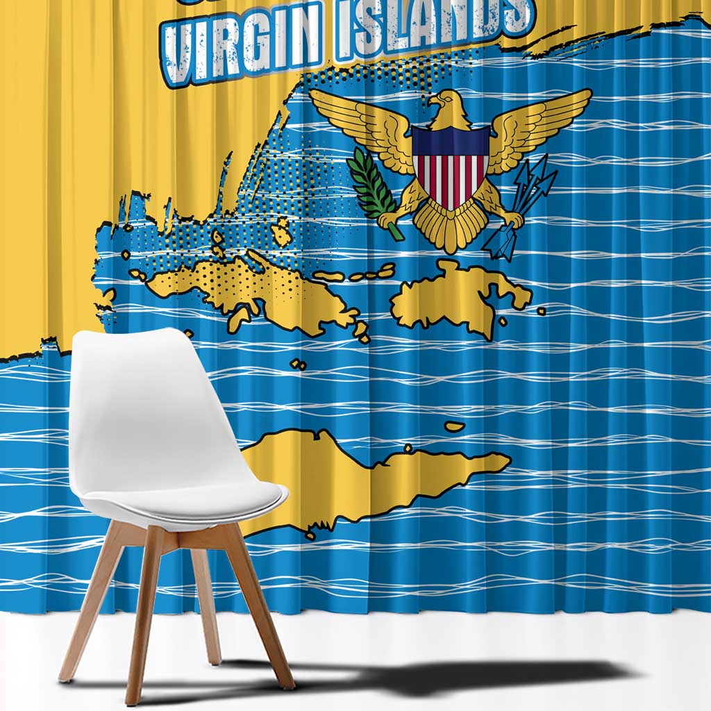 United States Virgin Islands Window Curtain with Blue Yellow Ocean Design and Eagle Map Pattern - Wonder Print Shop