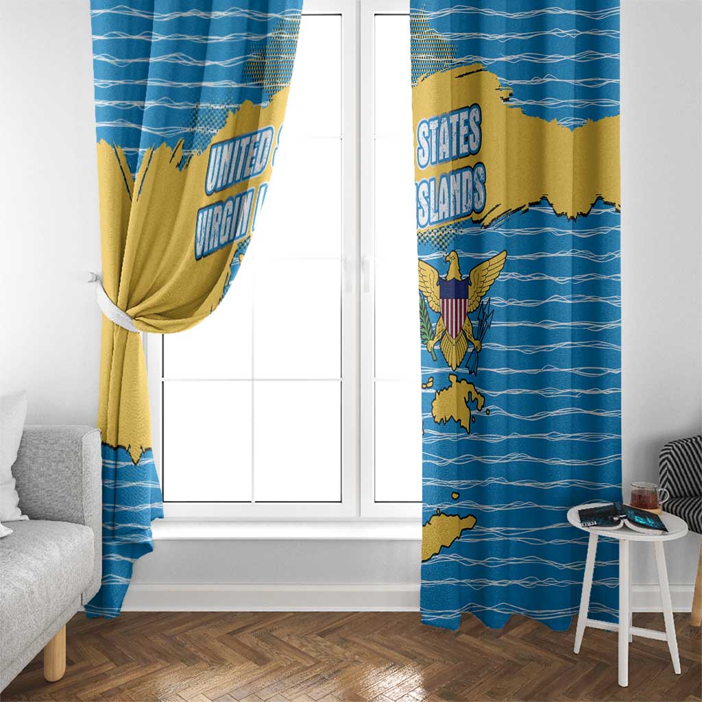 United States Virgin Islands Window Curtain with Blue Yellow Ocean Design and Eagle Map Pattern - Wonder Print Shop