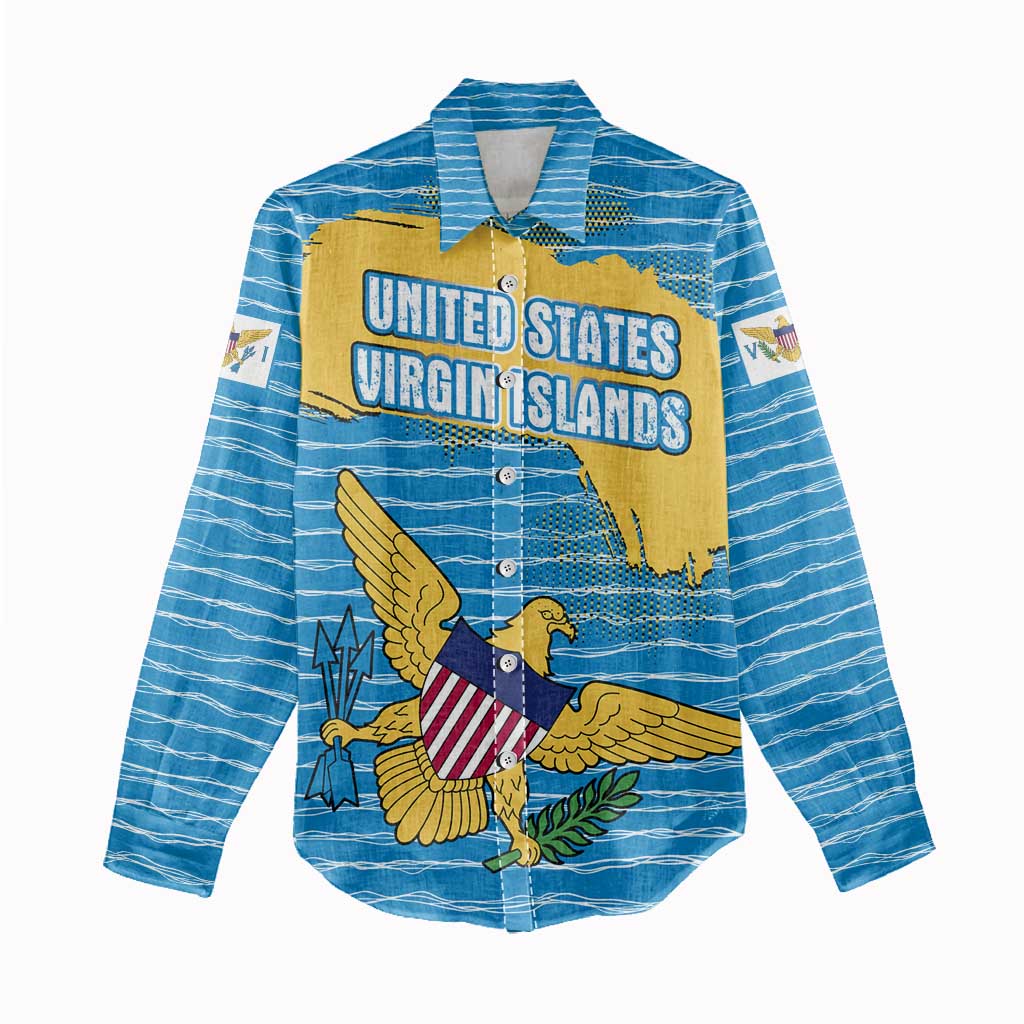 United States Virgin Islands Women Casual Shirt with Blue Yellow Ocean Design and Eagle Map Pattern - Wonder Print Shop