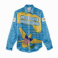 United States Virgin Islands Women Casual Shirt with Blue Yellow Ocean Design and Eagle Map Pattern - Wonder Print Shop