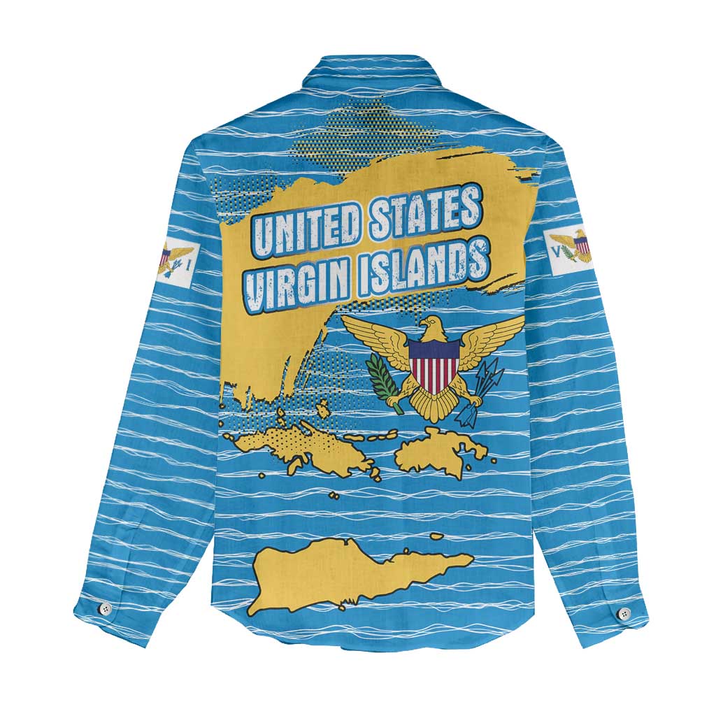 United States Virgin Islands Women Casual Shirt with Blue Yellow Ocean Design and Eagle Map Pattern - Wonder Print Shop
