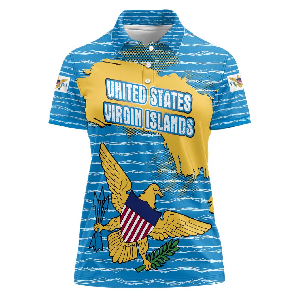 United States Virgin Islands Women Polo Shirt with Blue Yellow Ocean Design and Eagle Map Pattern - Wonder Print Shop