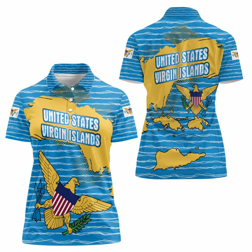 United States Virgin Islands Women Polo Shirt with Blue Yellow Ocean Design and Eagle Map Pattern - Wonder Print Shop