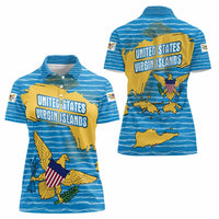 United States Virgin Islands Women Polo Shirt with Blue Yellow Ocean Design and Eagle Map Pattern - Wonder Print Shop