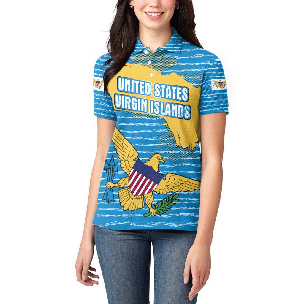 United States Virgin Islands Women Polo Shirt with Blue Yellow Ocean Design and Eagle Map Pattern - Wonder Print Shop