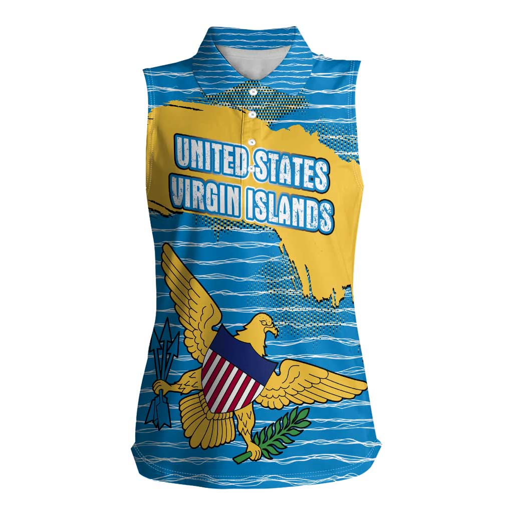 United States Virgin Islands Women Sleeveless Polo Shirt with Blue Yellow Ocean Design and Eagle Map Pattern - Wonder Print Shop