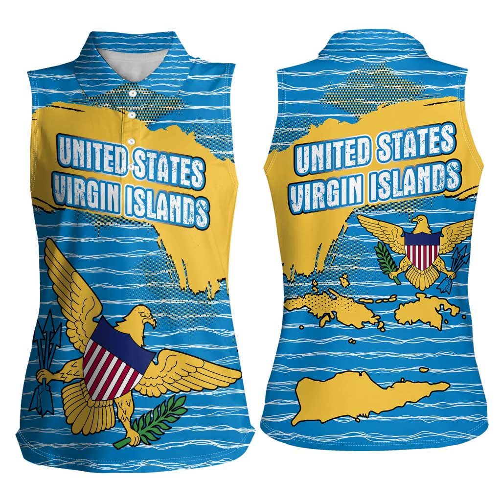 United States Virgin Islands Women Sleeveless Polo Shirt with Blue Yellow Ocean Design and Eagle Map Pattern - Wonder Print Shop