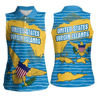 United States Virgin Islands Women Sleeveless Polo Shirt with Blue Yellow Ocean Design and Eagle Map Pattern - Wonder Print Shop