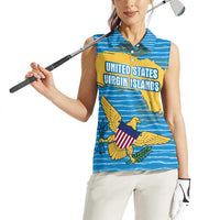 United States Virgin Islands Women Sleeveless Polo Shirt with Blue Yellow Ocean Design and Eagle Map Pattern - Wonder Print Shop