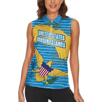 United States Virgin Islands Women Sleeveless Polo Shirt with Blue Yellow Ocean Design and Eagle Map Pattern - Wonder Print Shop