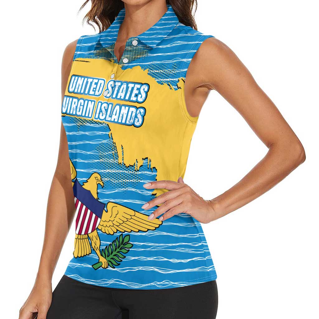 United States Virgin Islands Women Sleeveless Polo Shirt with Blue Yellow Ocean Design and Eagle Map Pattern - Wonder Print Shop