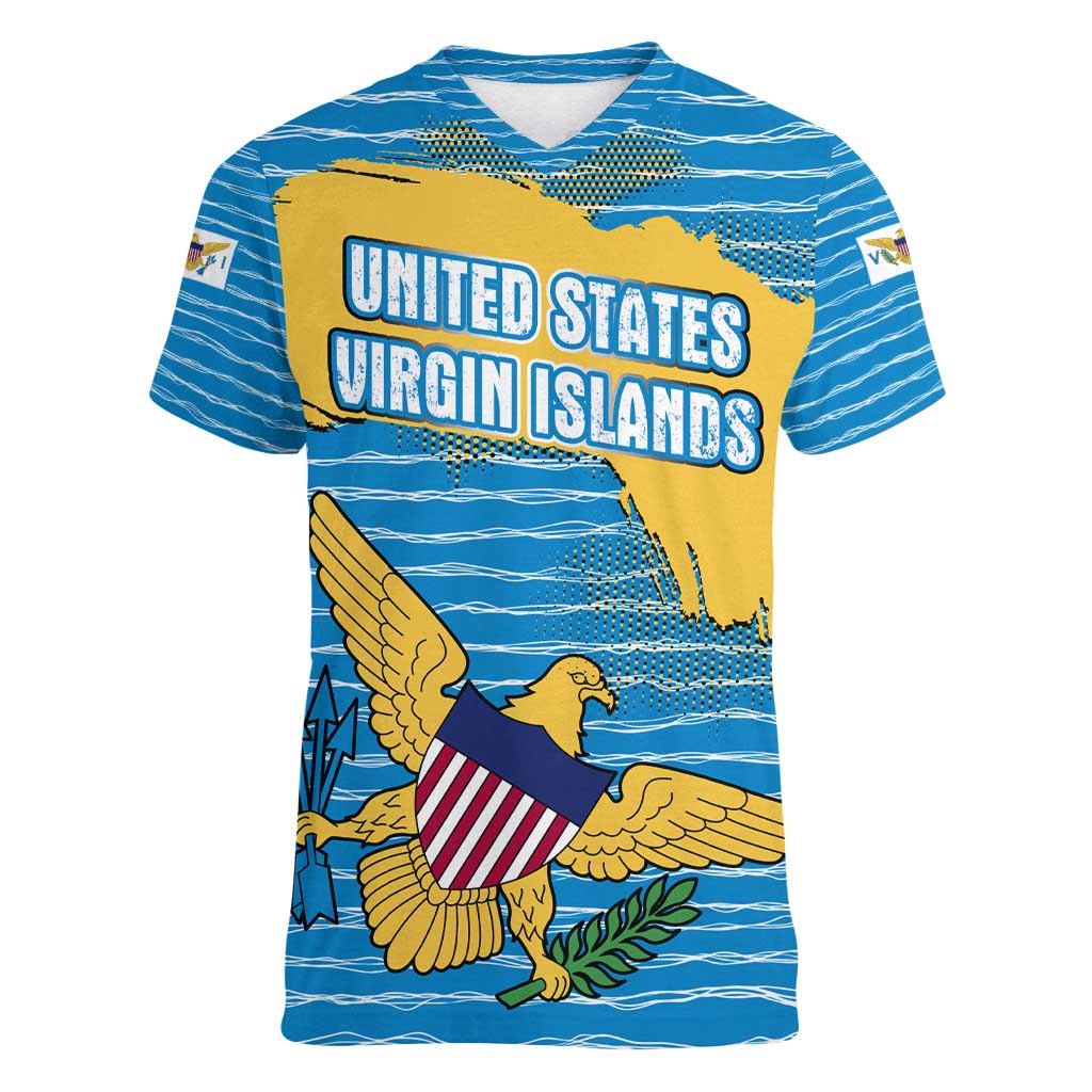 United States Virgin Islands Women V-Neck T-Shirt with Blue Yellow Ocean Design and Eagle Map Pattern - Wonder Print Shop