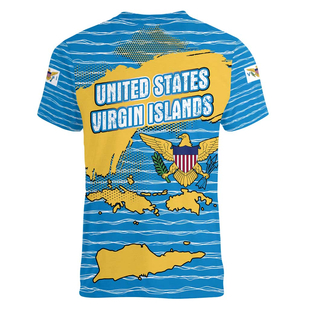 United States Virgin Islands Women V-Neck T-Shirt with Blue Yellow Ocean Design and Eagle Map Pattern - Wonder Print Shop