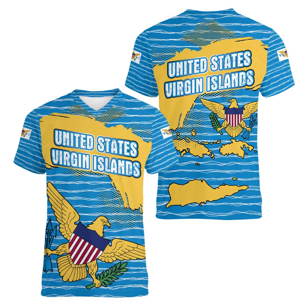 United States Virgin Islands Women V-Neck T-Shirt with Blue Yellow Ocean Design and Eagle Map Pattern - Wonder Print Shop