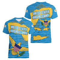 United States Virgin Islands Women V-Neck T-Shirt with Blue Yellow Ocean Design and Eagle Map Pattern - Wonder Print Shop