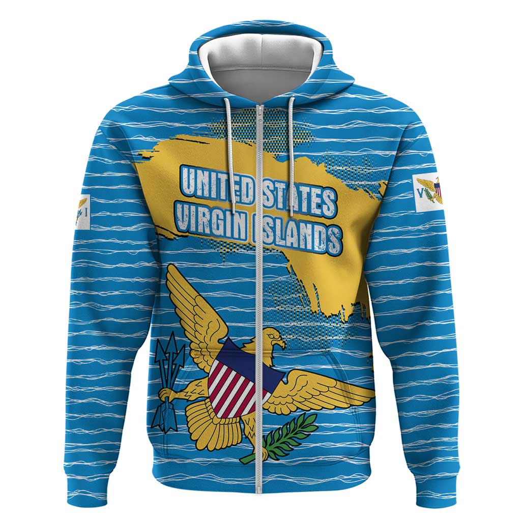 United States Virgin Islands Zip Hoodie with Blue Yellow Ocean Design and Eagle Map Pattern - Wonder Print Shop
