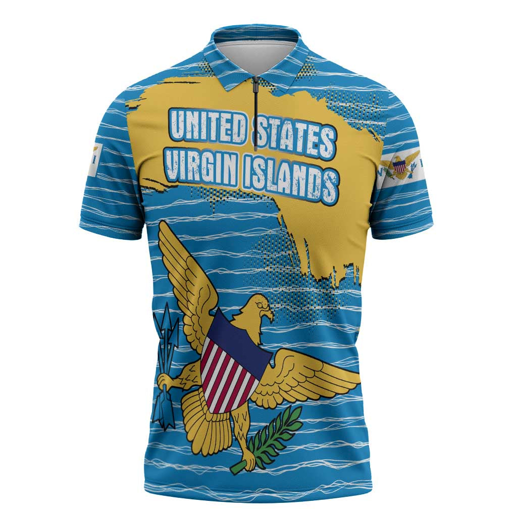 United States Virgin Islands Zipper Polo Shirt with Blue Yellow Ocean Design and Eagle Map Pattern - Wonder Print Shop