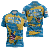 United States Virgin Islands Zipper Polo Shirt with Blue Yellow Ocean Design and Eagle Map Pattern - Wonder Print Shop