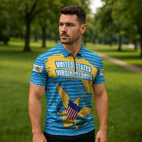 United States Virgin Islands Zipper Polo Shirt with Blue Yellow Ocean Design and Eagle Map Pattern - Wonder Print Shop