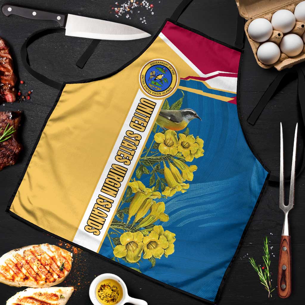 United States Virgin Islands Apron with Blue Yellow Floral Design and Government Seal Bird - Wonder Print Shop