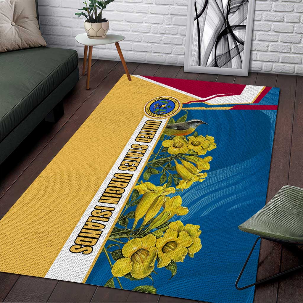 United States Virgin Islands Area Rug with Blue Yellow Floral Design and Government Seal Bird - Wonder Print Shop