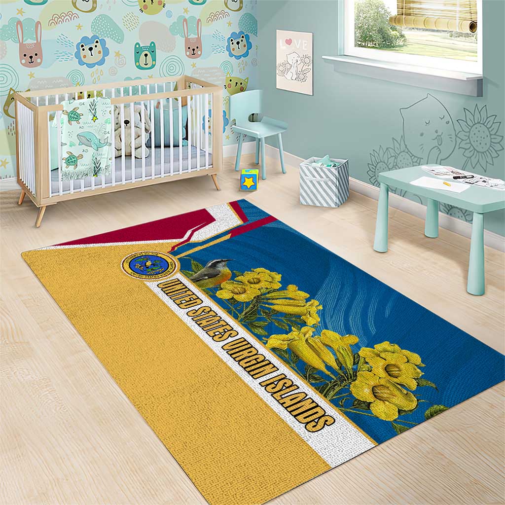 United States Virgin Islands Area Rug with Blue Yellow Floral Design and Government Seal Bird - Wonder Print Shop